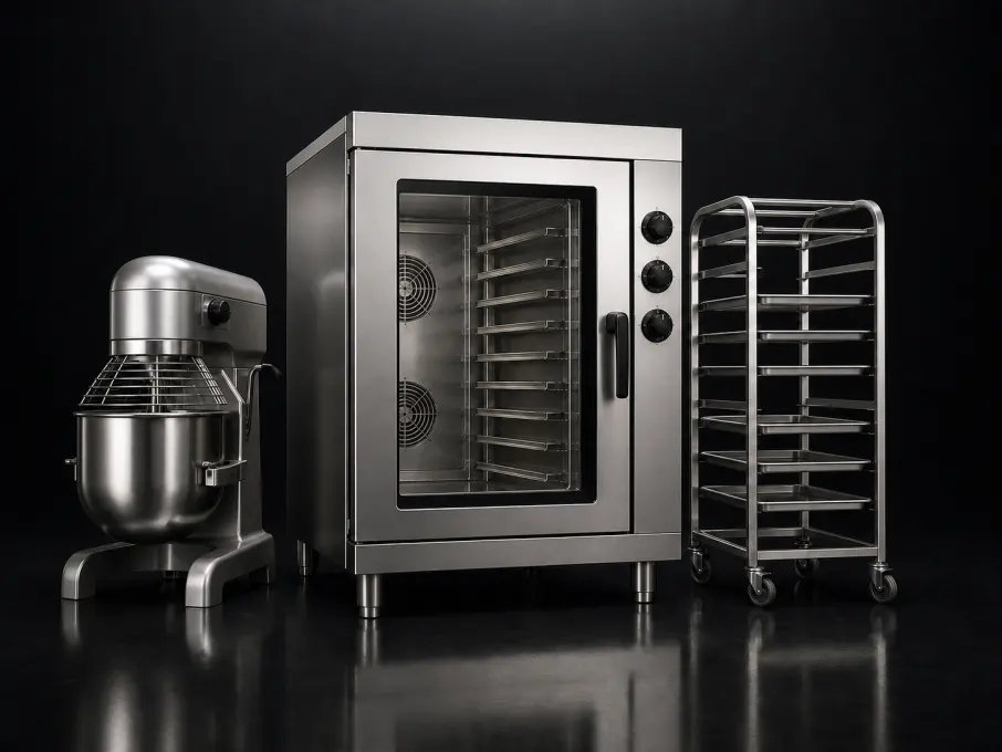 Commercial bakery mixer, convection oven and rack