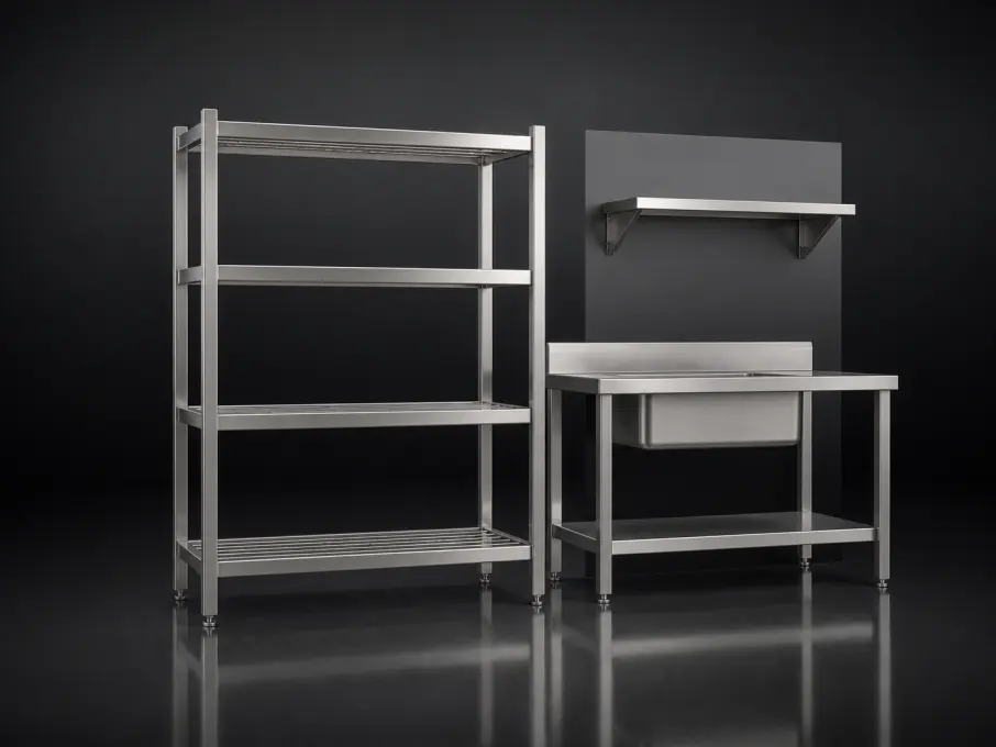 Commercial stainless steel shelving, sink bench and wall shelf